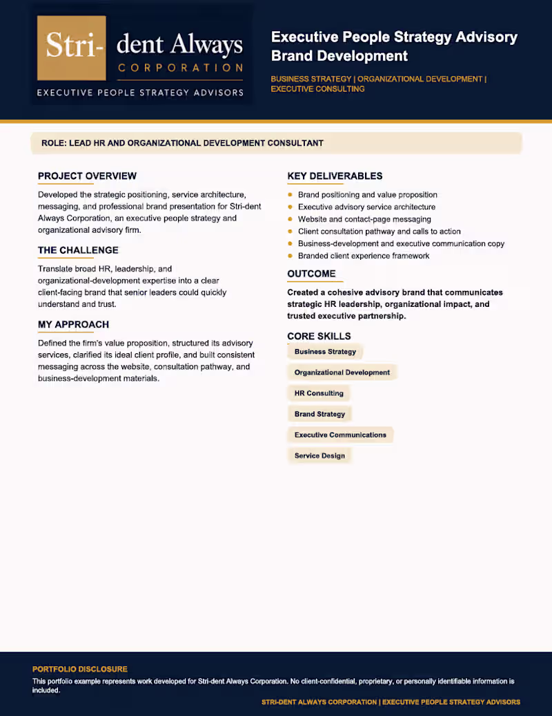 Cover image for Project Overview
Stri-dent Always Corporation needed