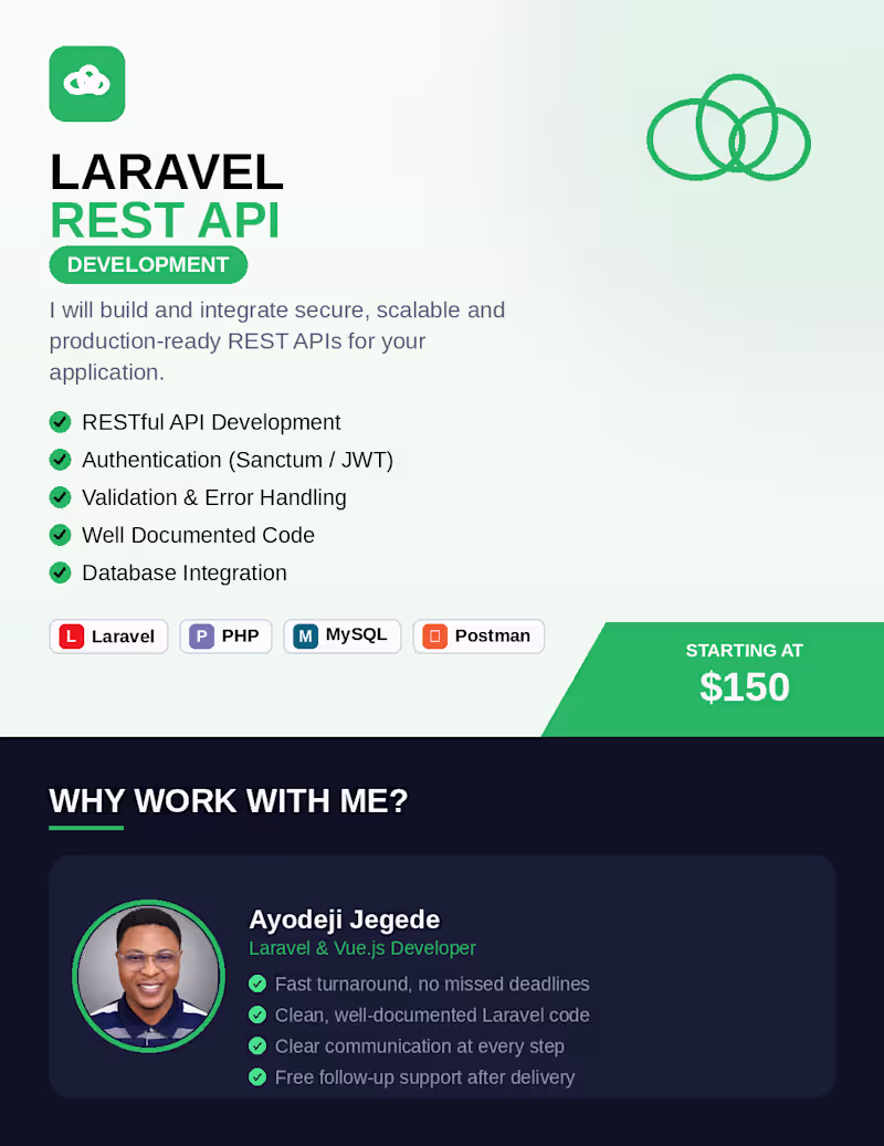 Cover image for Laravel API Development — Starting at $150