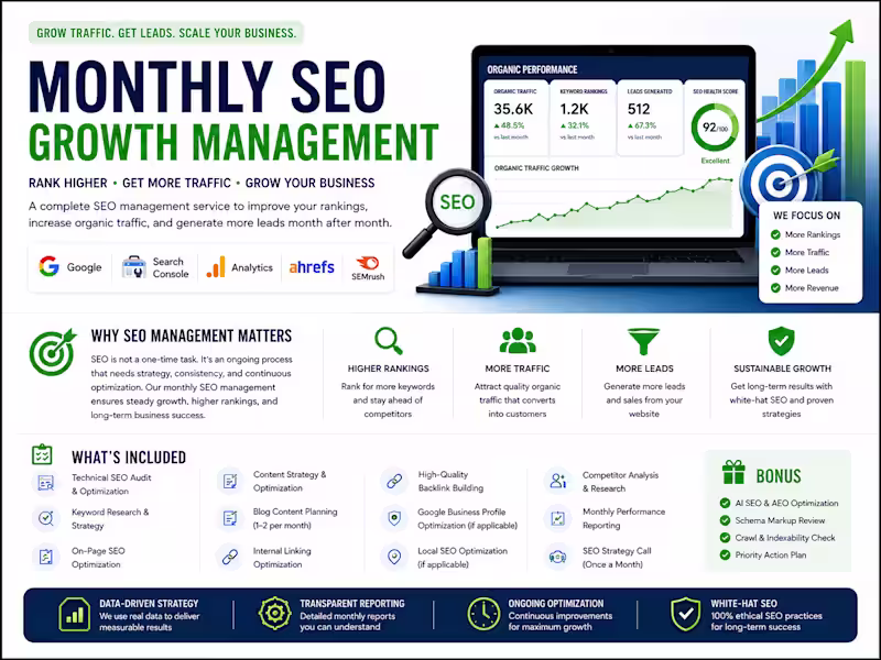 Cover image for Monthly SEO Management to Grow Organic Traffic & Page 1 rankings