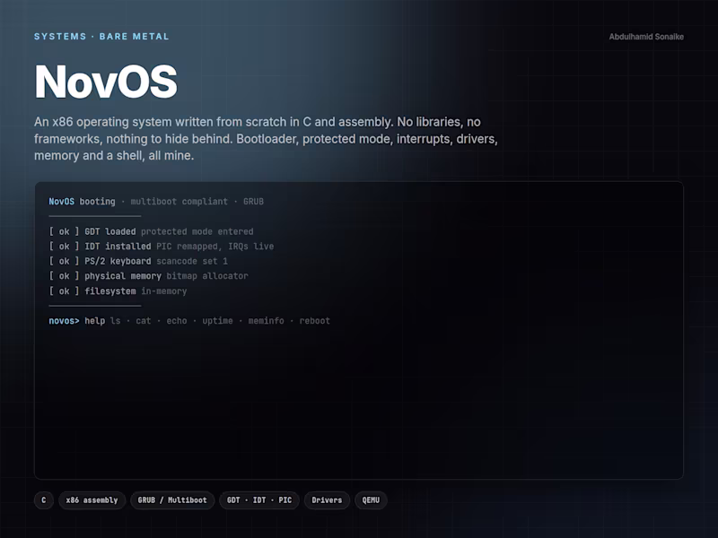 Cover image for NovOS, a bare metal x86 operating system kernel