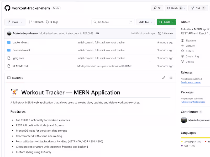 Cover image for GitHub - Mykola-Lopushenko/workout-tracker-mern: Full-stack MER…