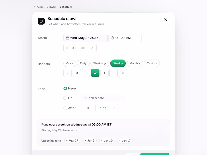 Cover image for Atlas · Schedule crawl UI | Light