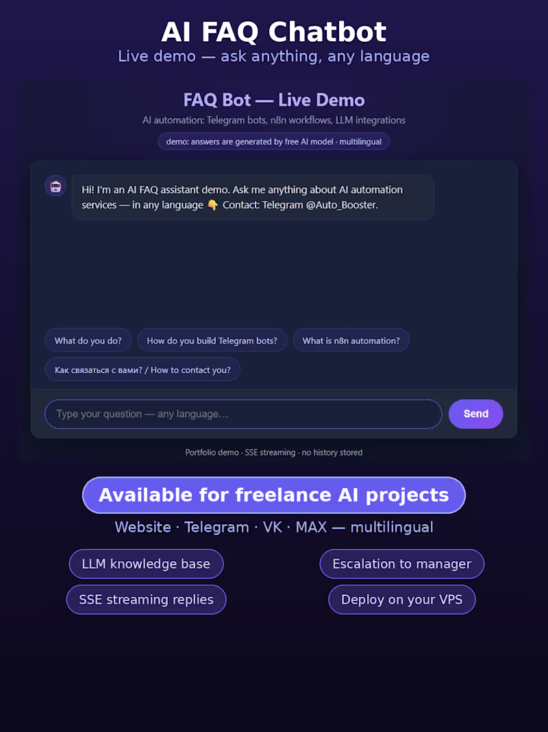 Cover image for AI FAQ Chatbot for Your Business — Live Demo Inside (Telegram, W