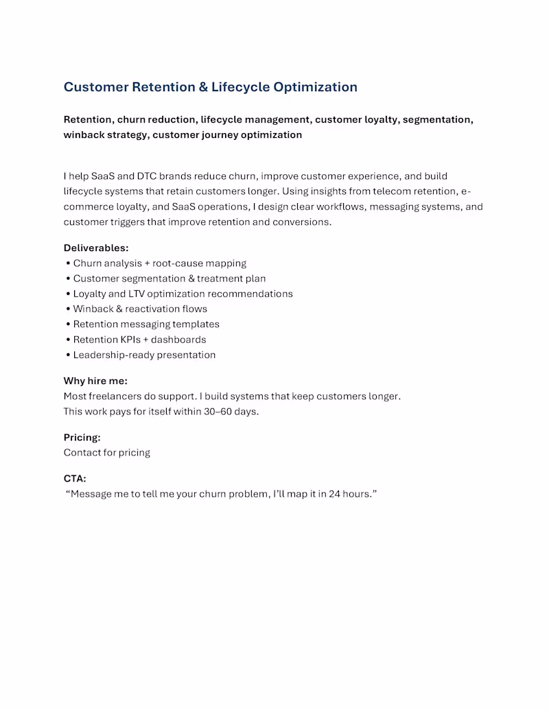 Cover image for Customer Retention & Lifecycle Optimization 