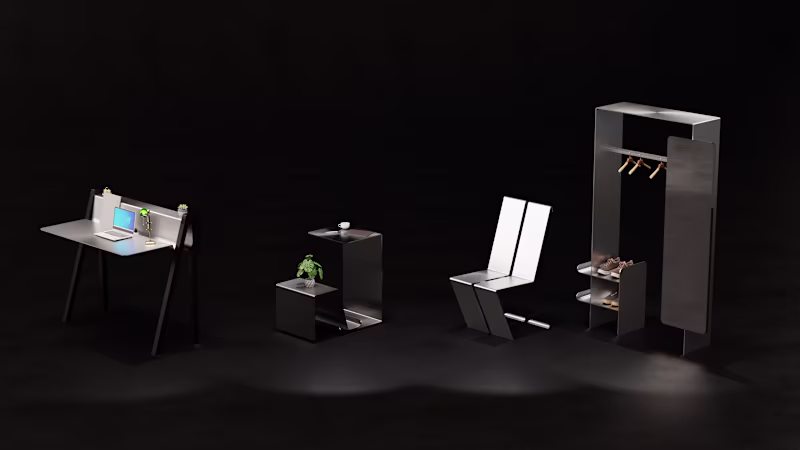 Cover image for Custom-designed furniture made of anodized aluminum, modeled...