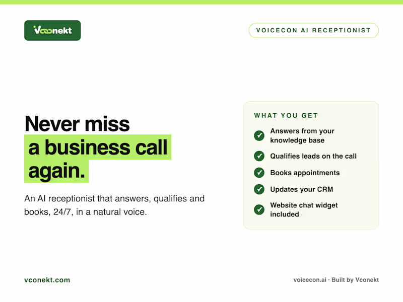 Cover image for Voicecon AI Receptionist Setup for Your Business