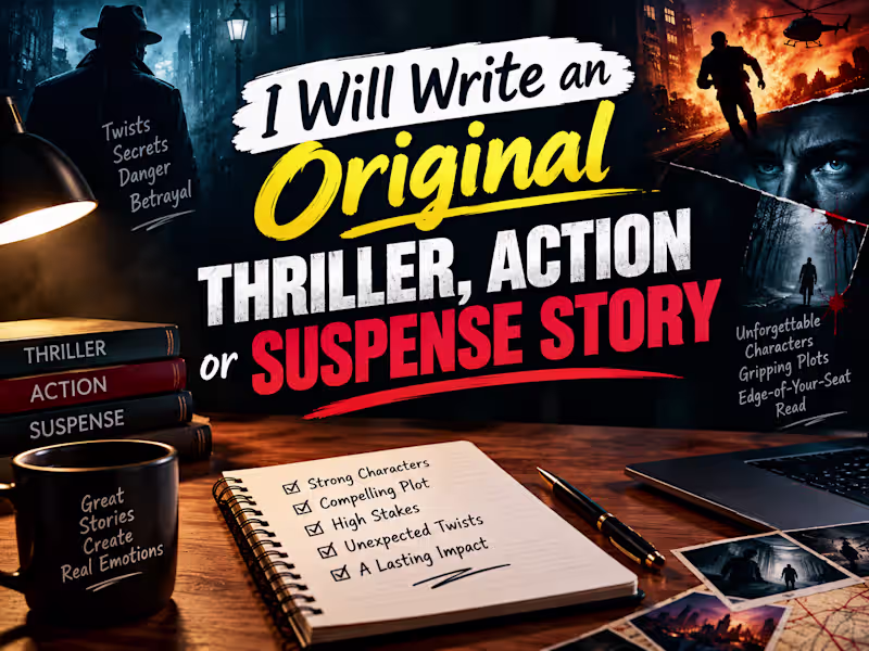 Cover image for I Will Write an Original Thriller, Action or Suspense Story.