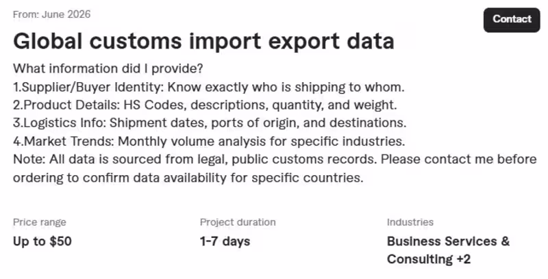 Cover image for I'll provide global customs import export data & supplier lists