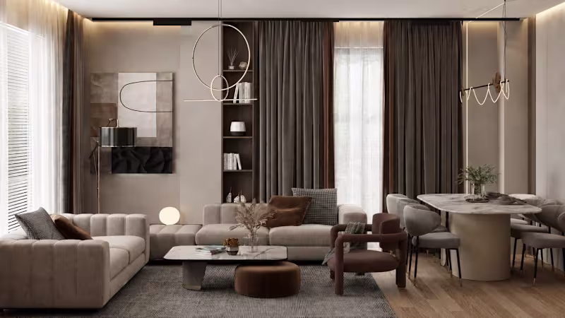 Cover image for Dark Atmospheric Living & Dining — Interior Renders