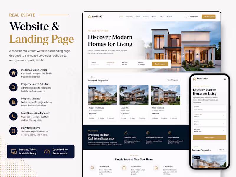 Cover image for  real estate website development, landing page design, genera