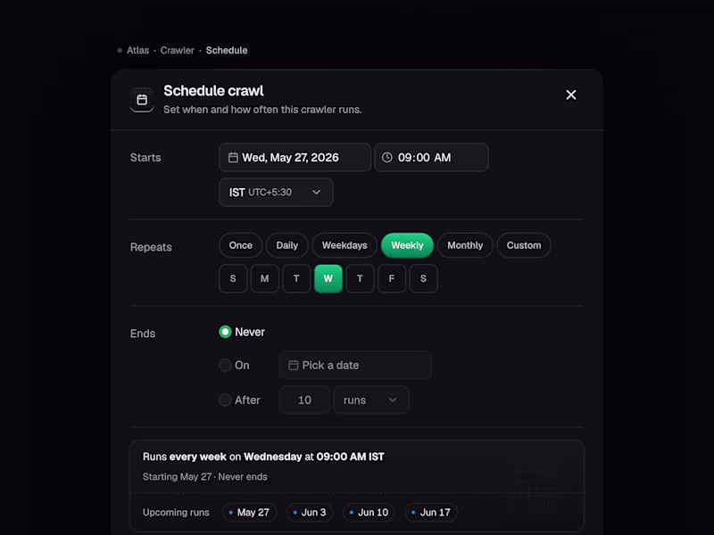 Cover image for Atlas · Schedule crawl UI | Dark