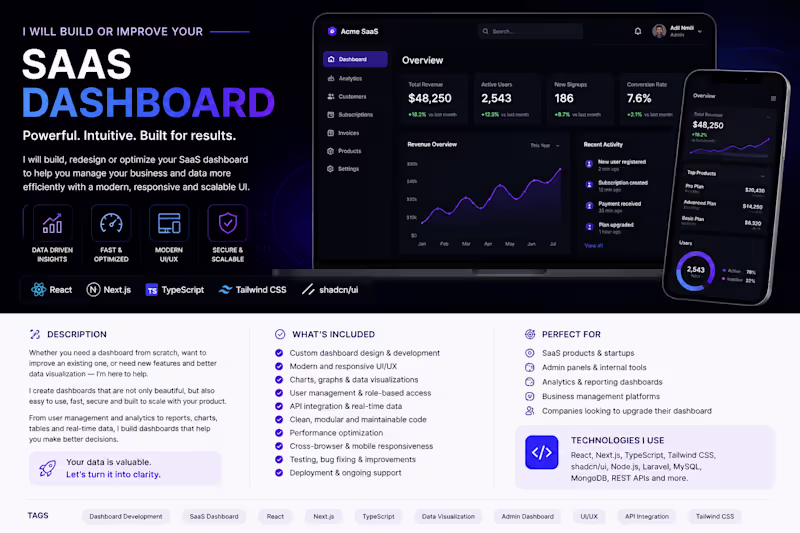 Cover image for I will build or improve your SaaS dashboard