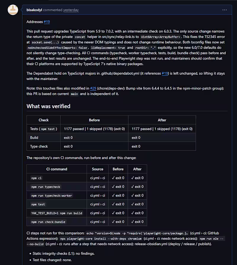 Cover image for TypeScript 4/5 → 6 or 7 upgrade, delivered as a tested PR