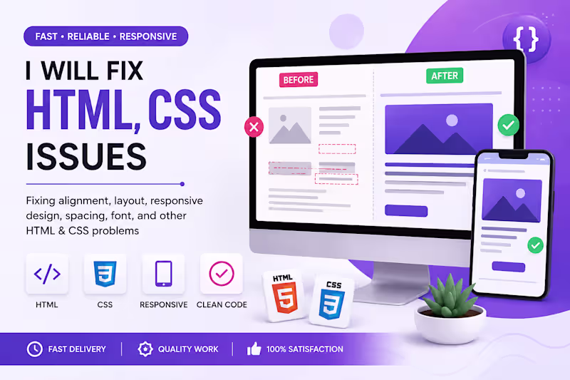 Cover image for I will fix HTML CSS issues and responsive design problems