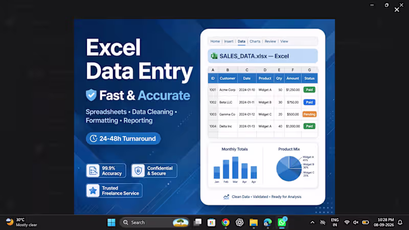 Cover image for I will do fast and accurate Excel data entry