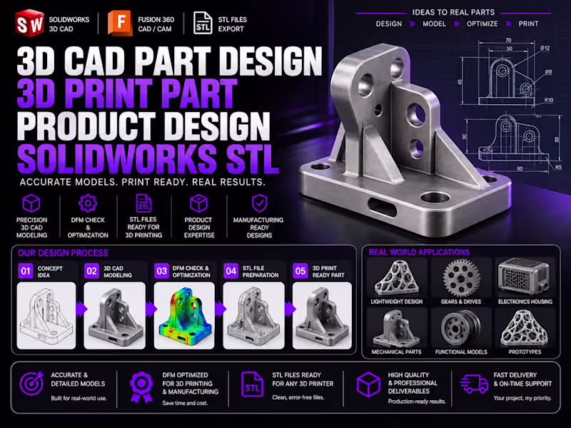 Cover image for 3D CAD Part Design 3D Print Part Product Design Solidworks STL