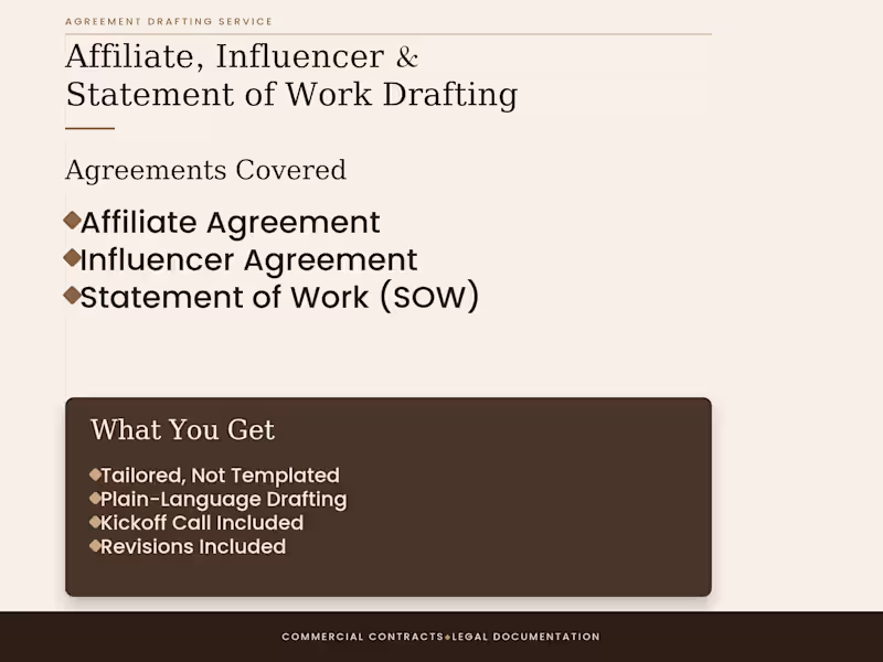 Cover image for Affiliate, Influencer & Statement of Work Drafting