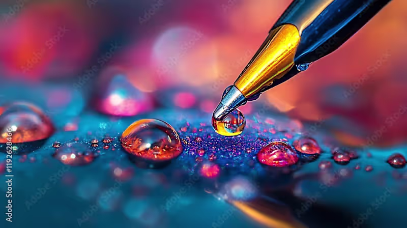 Cover image for A vivid a pen nib lies on a glossy dew drop with an odd mix of …