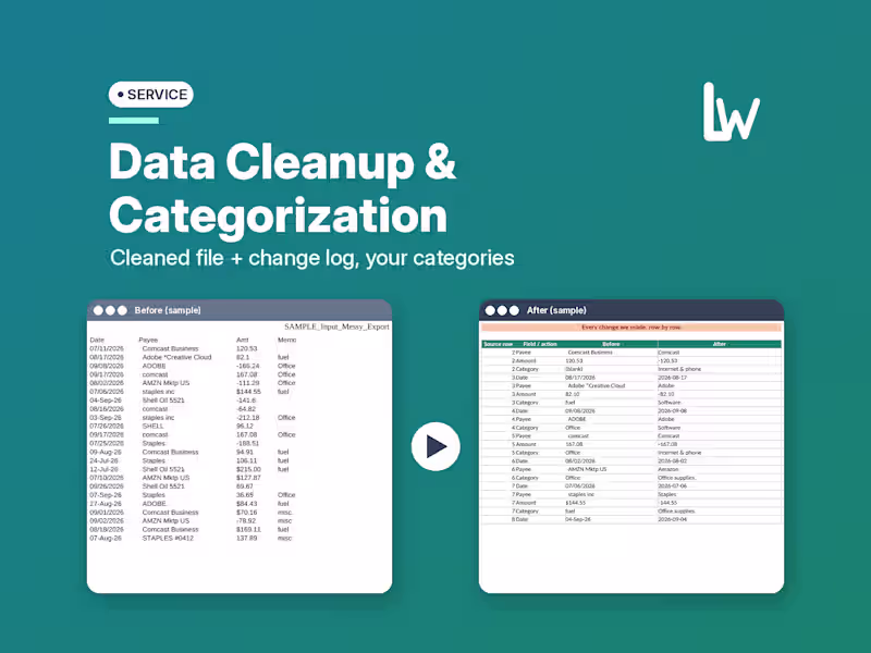 Cover image for Data Cleanup & Categorization for Spreadsheets | CSV & Excel