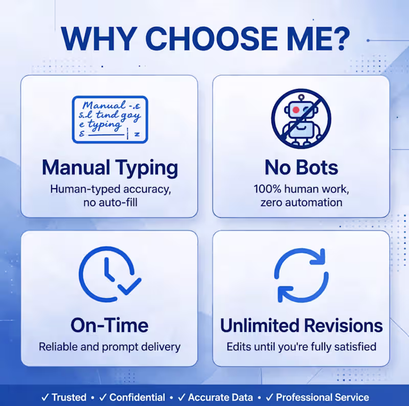 Cover image for I will do accurate data entry, PDF to Excel & Excel formatting