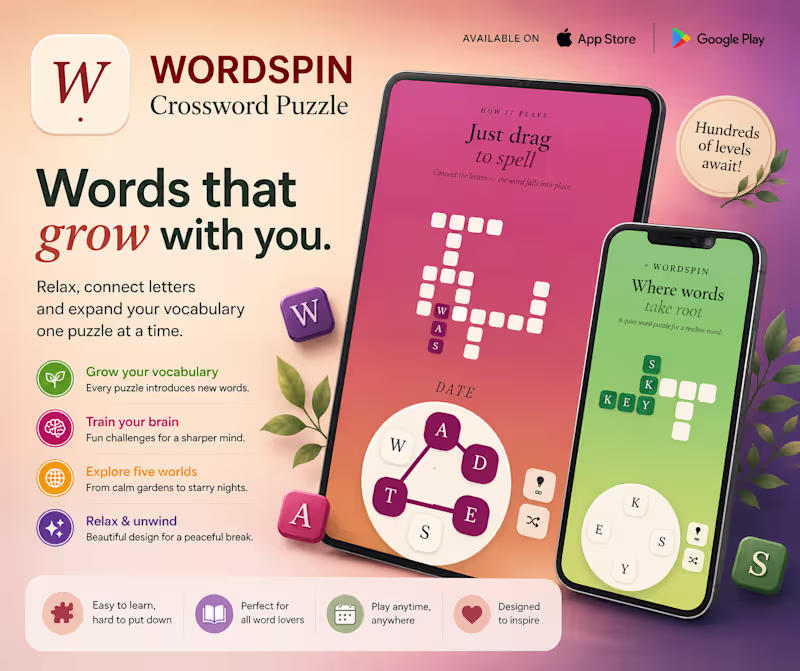 Cover image for WordSpin is a calm crossword