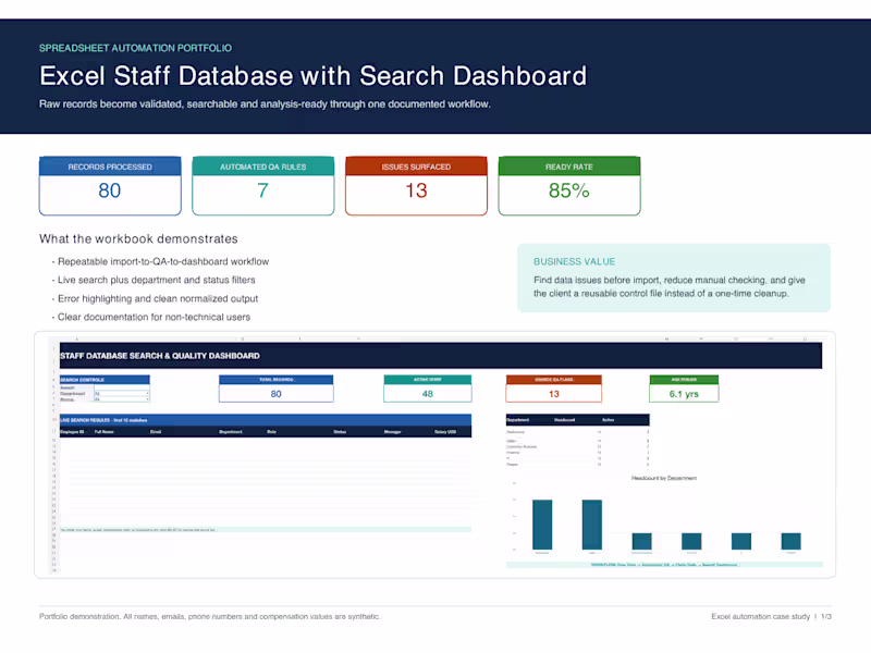 Cover image for Excel Staff Database with Search Dashboard & Automated QA
