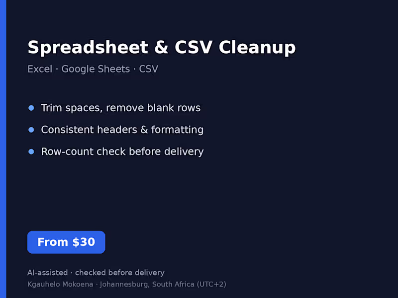 Cover image for Spreadsheet & CSV Cleanup (Excel, Google Sheets, CSV)