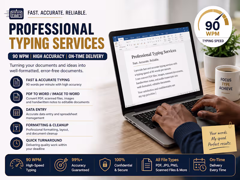 Cover image for 90 WPM Typing, Data Entry & Document Formatting