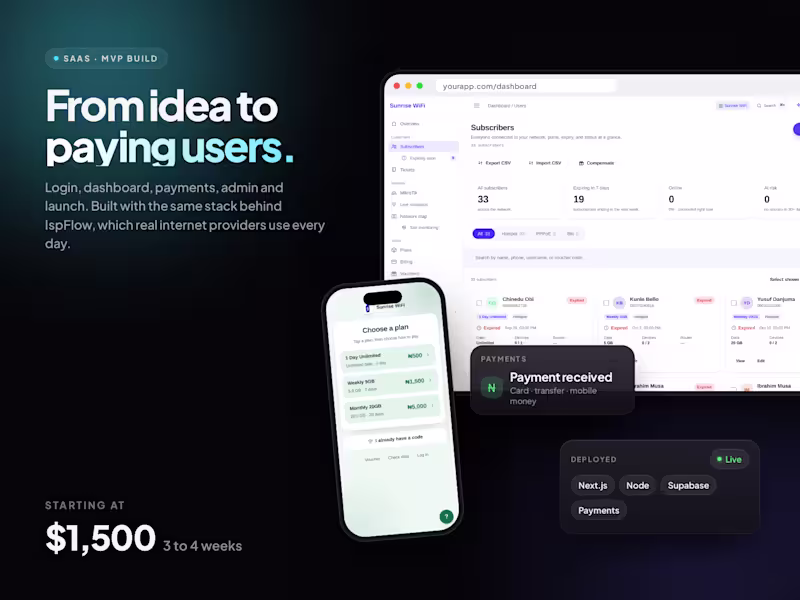 Cover image for SaaS or MVP build (Next.js, Node, Supabase)