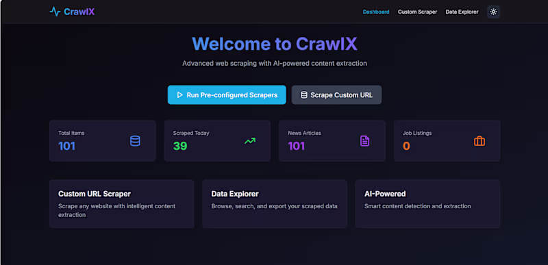 Cover image for CrawlX – Full-Stack Data Aggregation & Scraping Portal