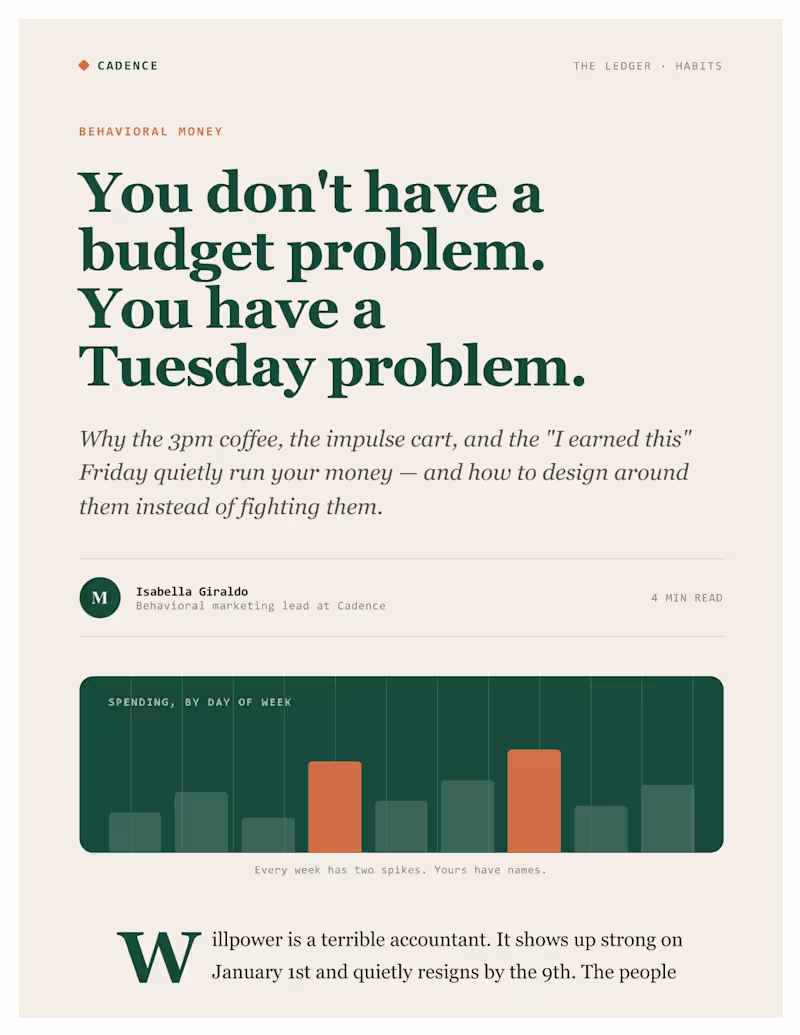 Cover image for Blog post · Cadence Brief: reframe “I can't save” as a habit...