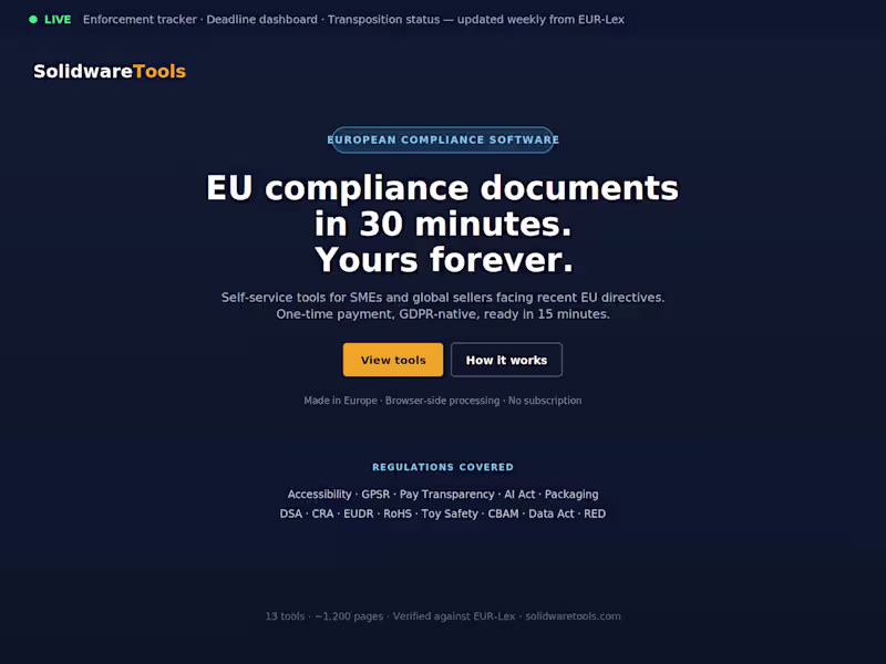 Cover image for SolidwareTools - EU Compliance SaaS Built Solo with AI