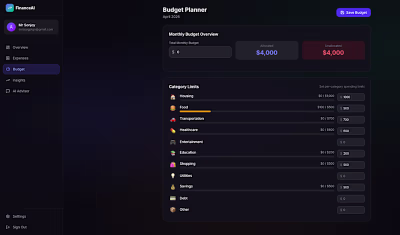 Cover image for FinanceAI – AI-Powered Personal Finance