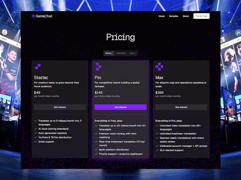 Cover image for Optimize eSports AI Translation SaaS Pricing Page Design