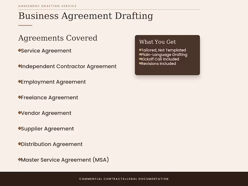 Cover image for Business Agreement Drafting , Service, Employment, Vendor & More
