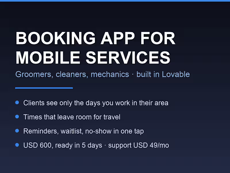 Cover image for Booking App for Mobile Services: Groomers, Cleaners, Mechanics