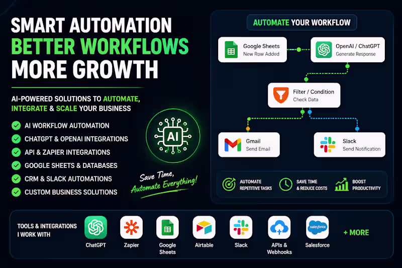 Cover image for I will build AI workflow automations using OpenAI, Zapier & Make