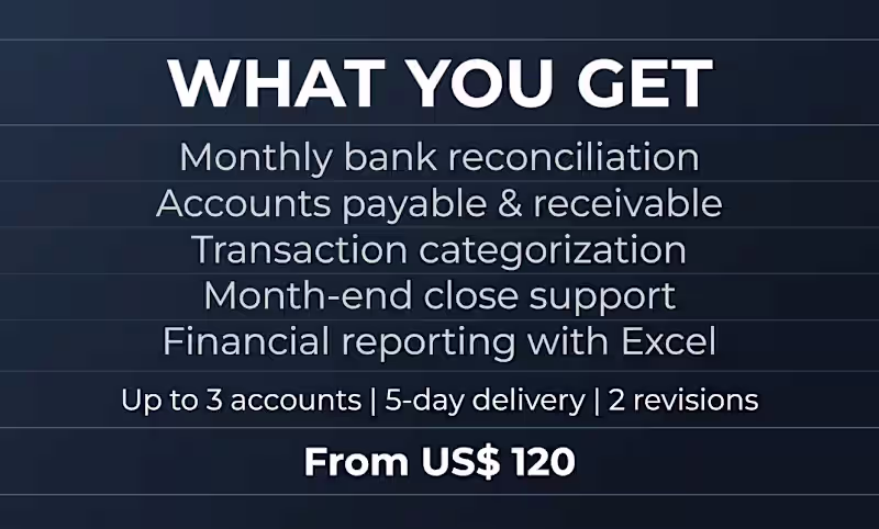 Cover image for Monthly bookkeeping, bank reconciliation, AP/AR