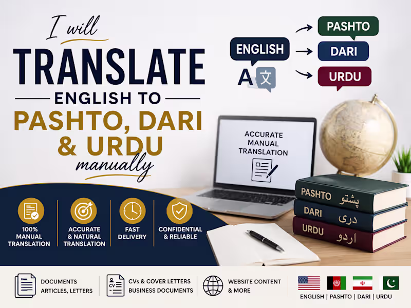 Cover image for I will translate English to Pashto, Dari, and Urdu manually