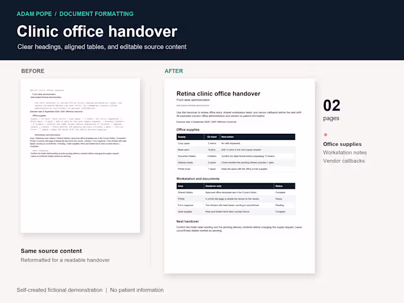 Cover image for Clinic office handover — document formatting sample