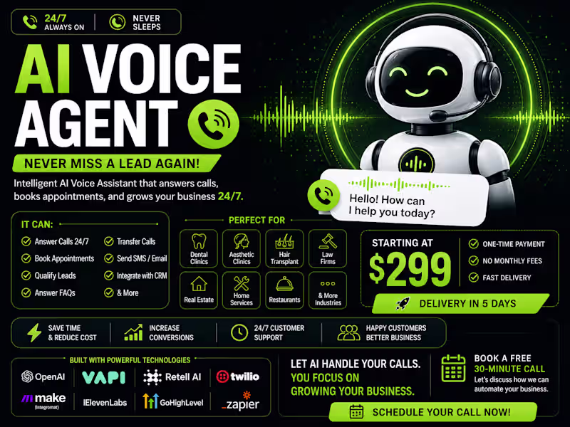 Cover image for I will build an AI Voice Agent that answers calls 24/7
