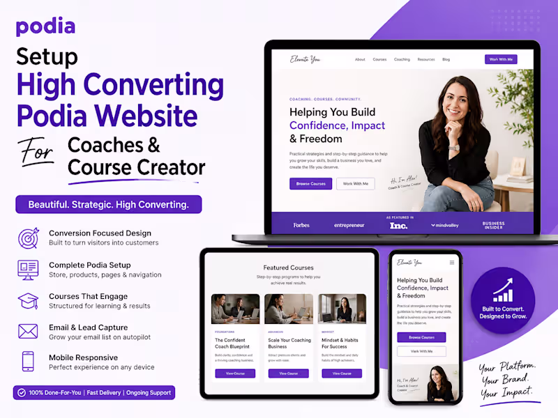 Cover image for setup high converting Podia website for coaches & course creator