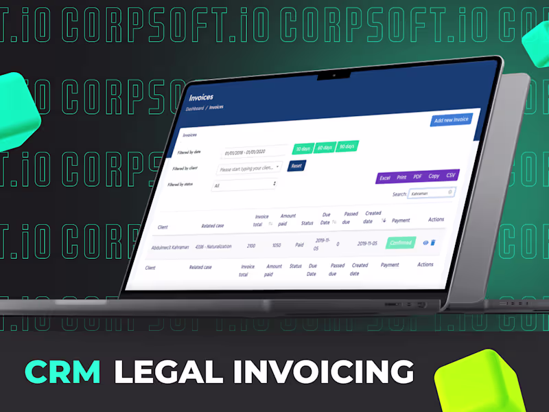 Cover image for CRM development with automated invoicing for a legal sector