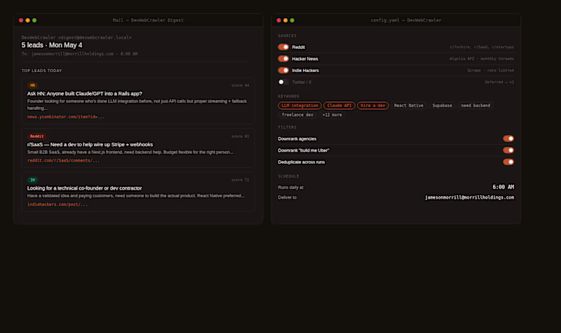 Cover image for DevWebCrawler — daily lead digest