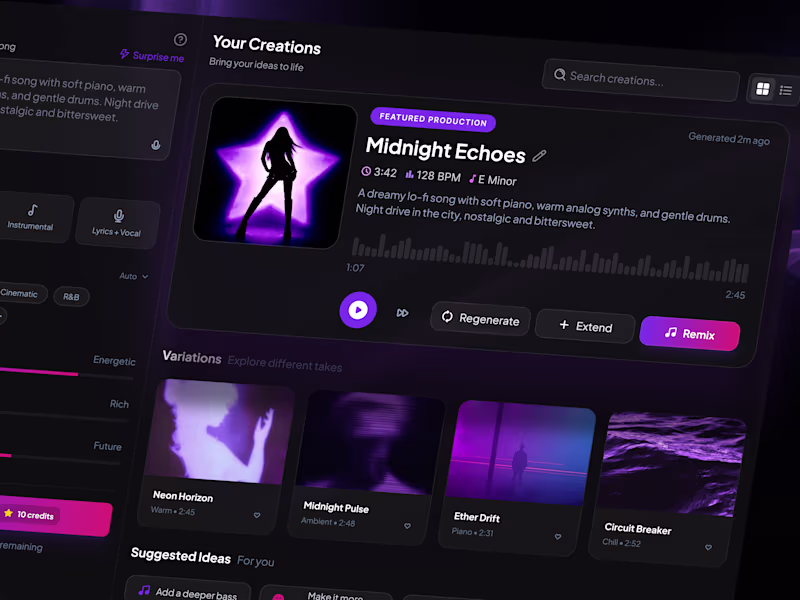 Cover image for SonicAI AI Music Generator Dashboard Design