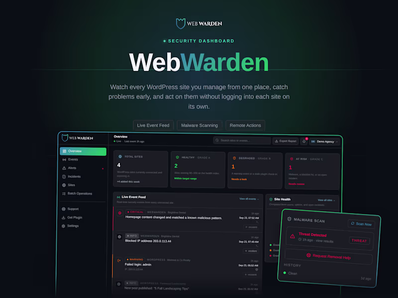 Cover image for WebWarden | WordPress Security Monitoring and Malware Removal