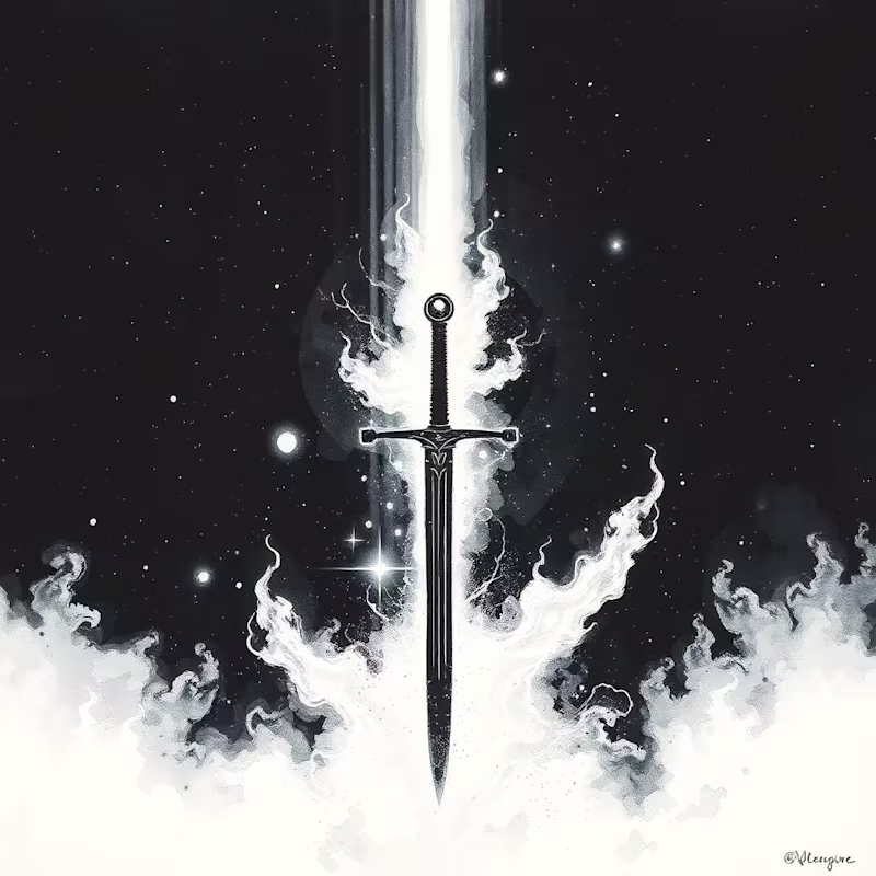 Cover image for Watercolored Dark Black Glitched Sword with Comets Encircling It