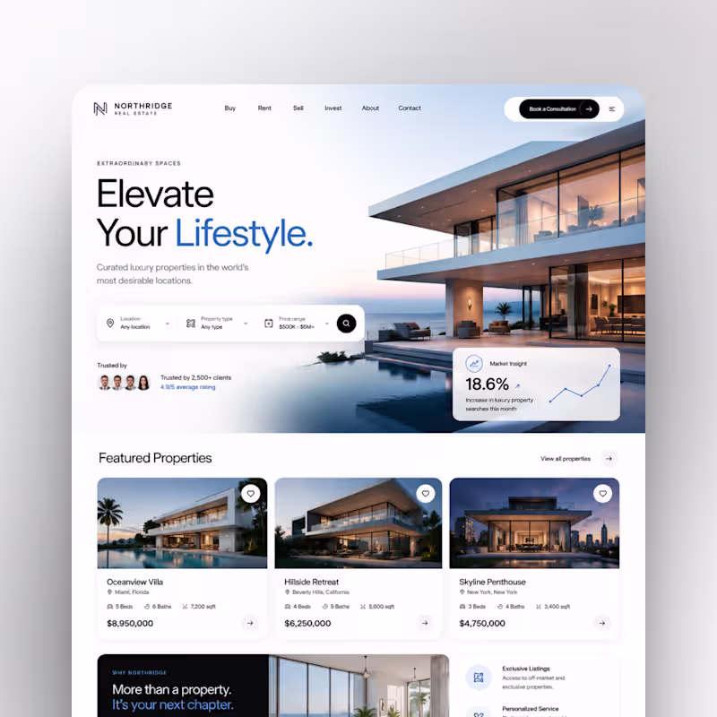 Cover image for Real estate landing page design. Clean,modern and user-friendly