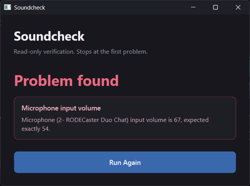 Cover image for Soundcheck
Built an automated pre-recording verification