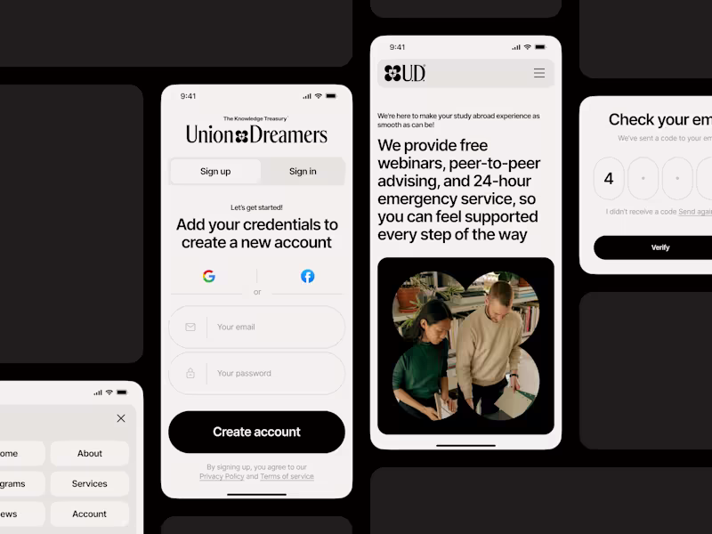 Cover image for Union Dreamers: mobile page, brand identity